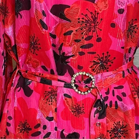 Dusty Daze Swing Dress Long Sleeve Fringe Cuffs Belt Festival Pink Red Boho Sz S - Picture 7 of 8